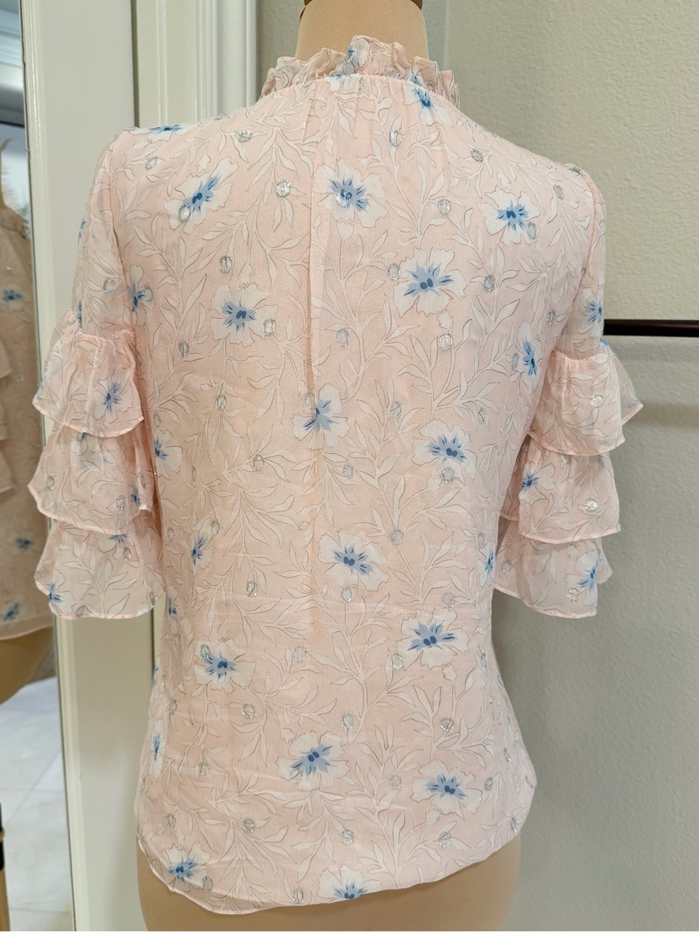 Rebecca Taylor Floral Metallic Ruffle Sleeve Blouse Pink 8 90% Silk - Picture 4 of 9